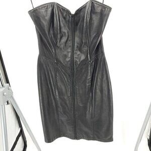 Vintage 100% Leather Boned Strapless Full Zip Mini Dress S/M Black